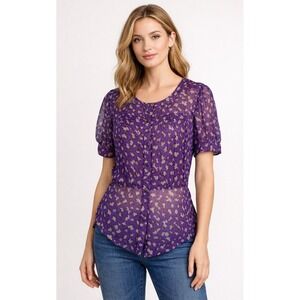 Bryan Bradley Shirt Women Small Purple Leopard Print Silk‎ Button Front Blouse